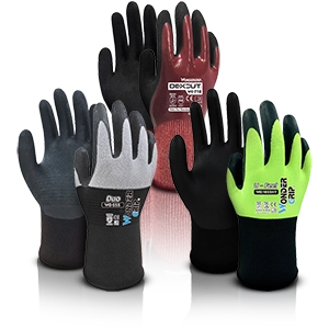 Various workshop gloves in black, grey, red and neon colours with non-slip coating.